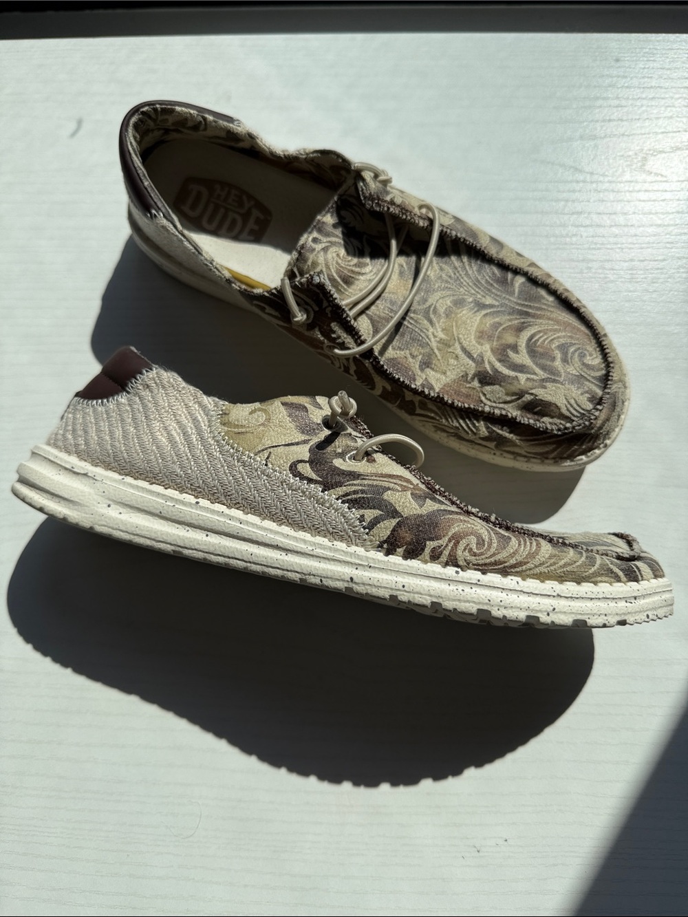 Hey Dude Floral Pattern Canvas Slip-On Loafers in Brown and Cream - Picture 2 of 12